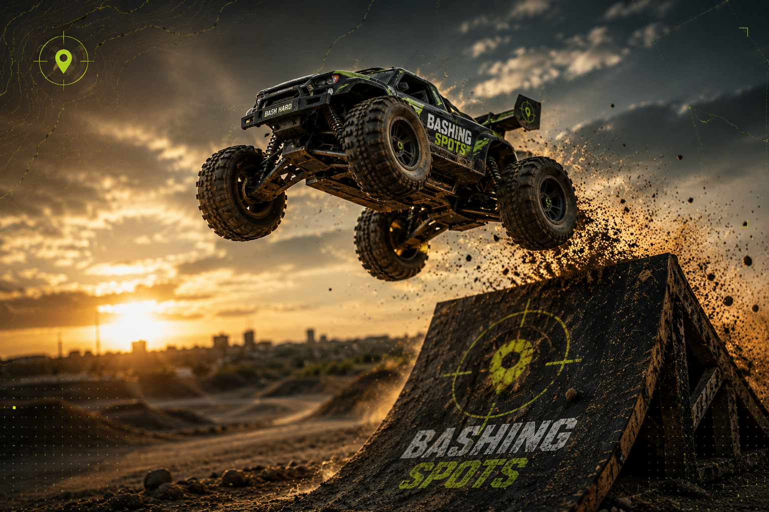 RC bashers gathered around dusty RC trucks at sunset